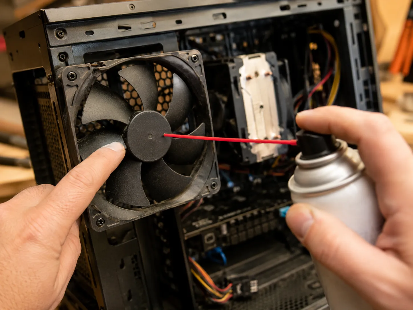 Holding a PC case fan blade still with a fingertip before cleaning it with compressed air so the fan cannot free-spin