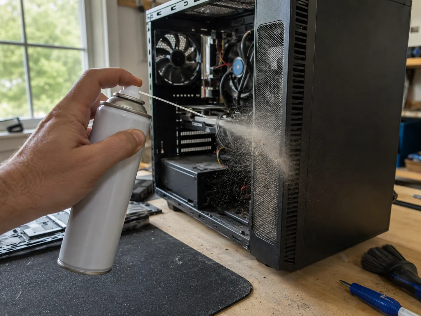 Cleaning a PC front intake grille with an electronics duster held upright a few inches back so dust exits the case