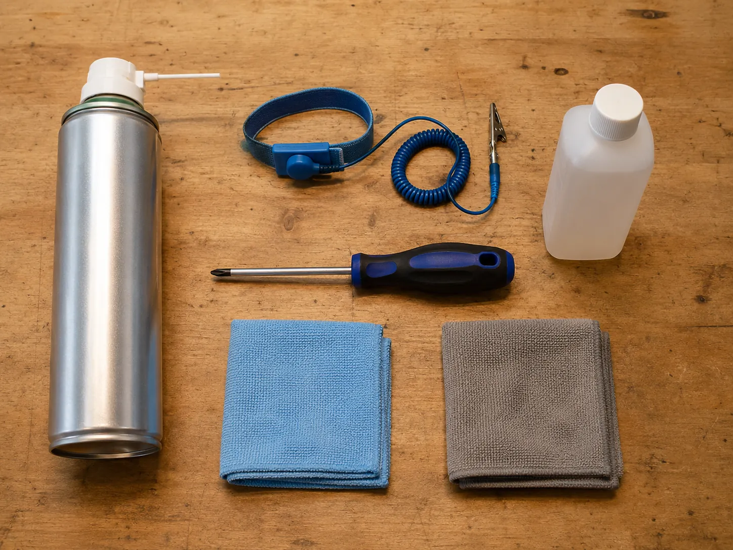 The tools needed to clean a PC laid out on a workbench: electronics duster, wired anti-static strap, screwdriver, microfiber cloths and isopropyl alcohol