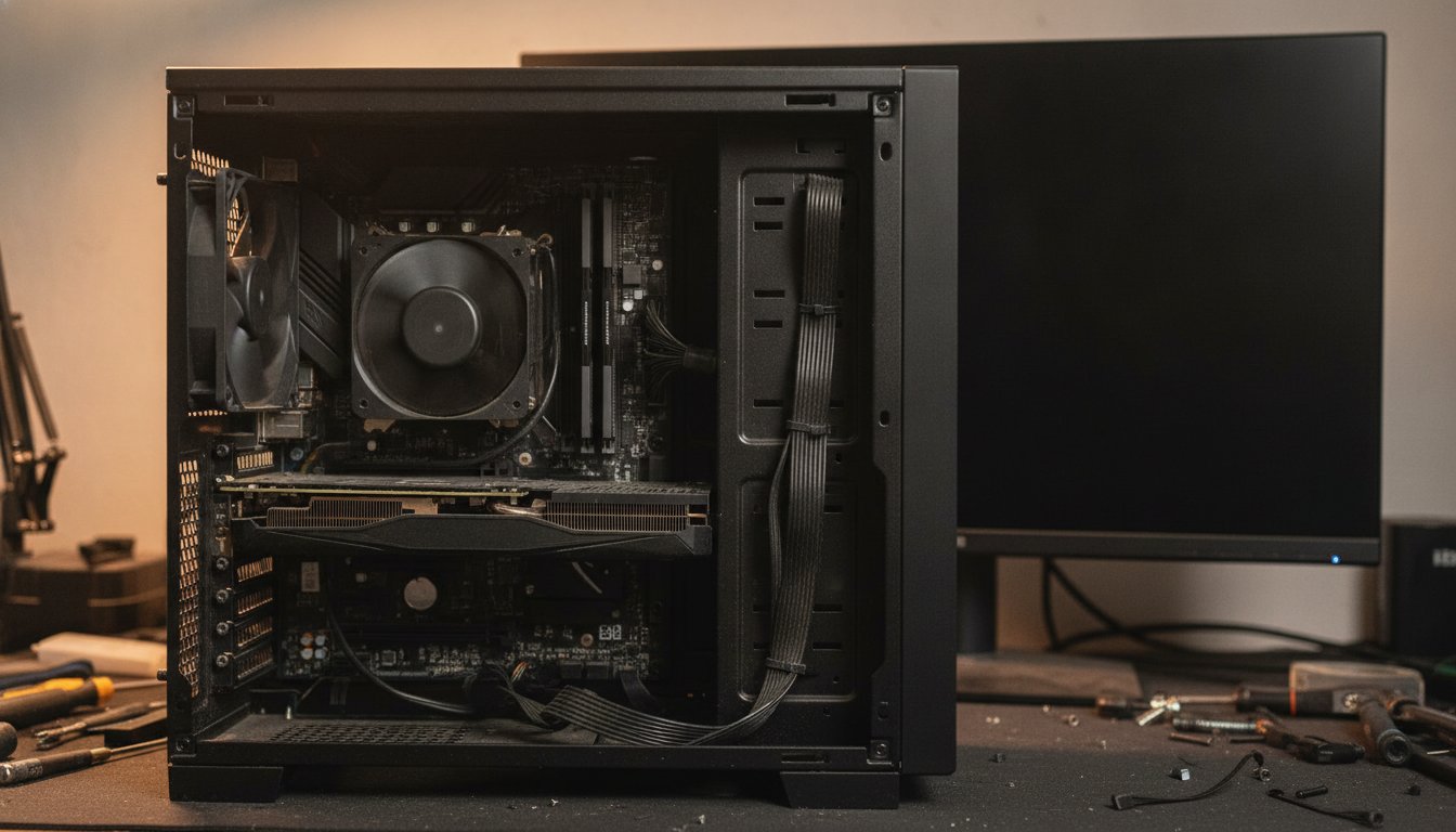 Desktop PC opened on a repair bench beside a dark monitor while checking what a cleaner app actually removed