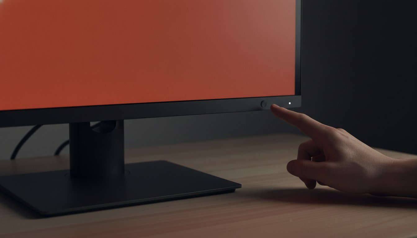A hand reaching for the power button on a monitor filled with a red full screen scareware warning