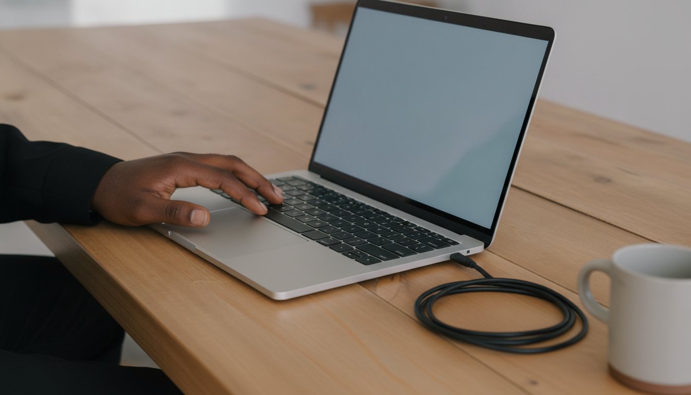 A hand on a laptop trackpad at a kitchen table, using the free cleanup tools already built into the system