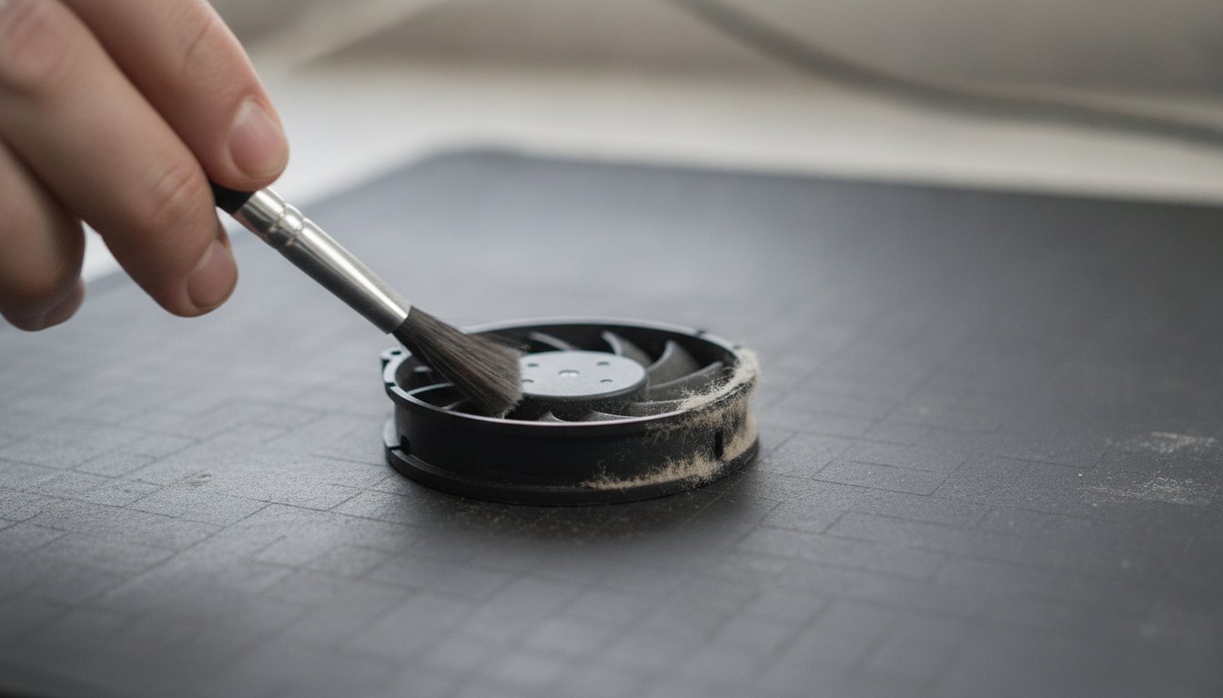 Brushing felted dust off a laptop cooling fan at a repair bench, the cleaning no software can do