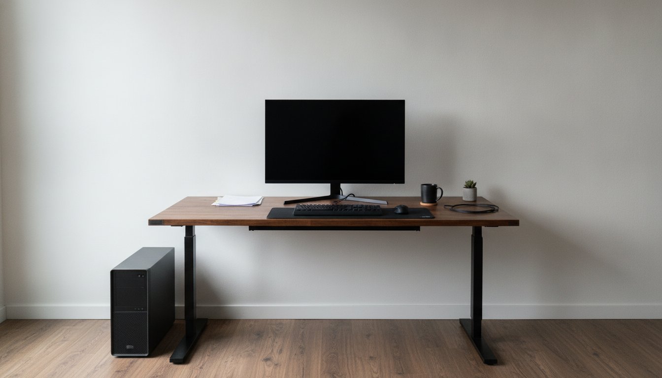 A home desktop computer and monitor sitting switched off at a wooden desk, the kind of PC people install cleaner apps on