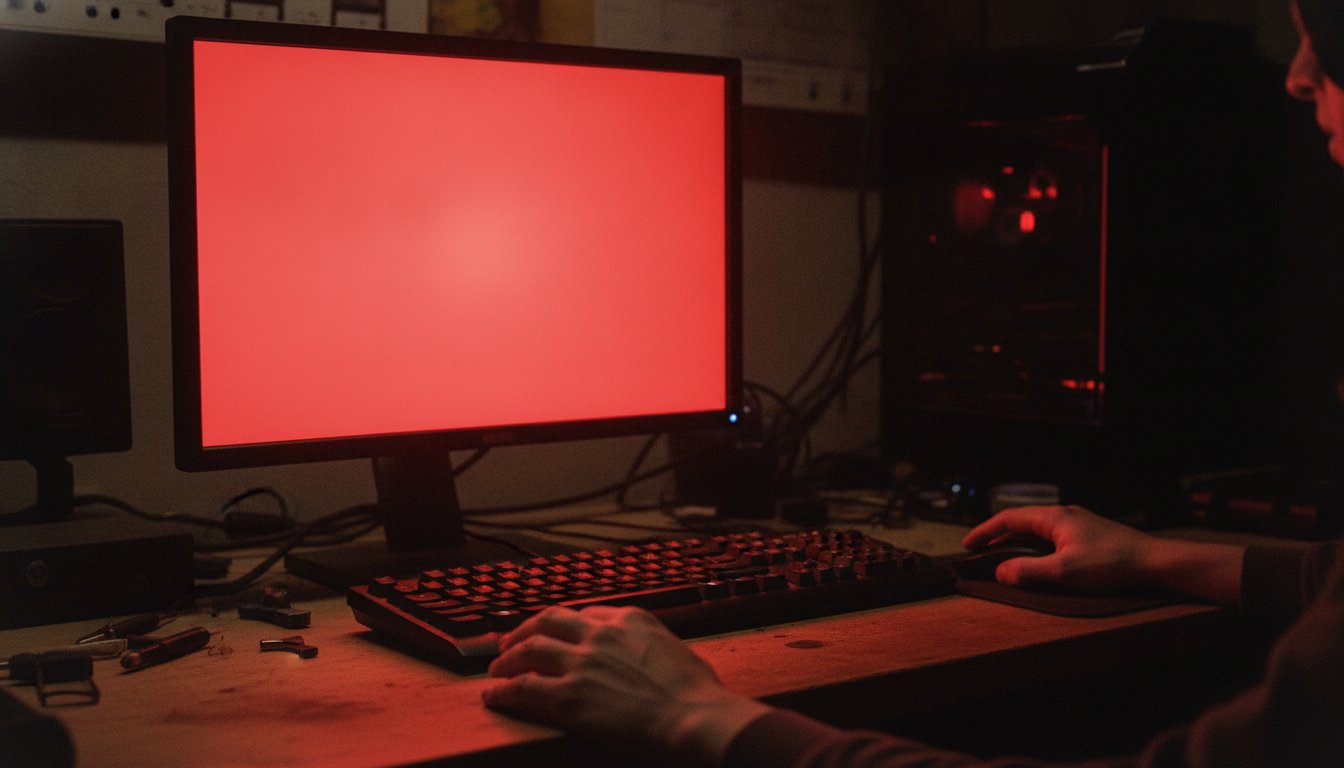 A repair bench computer with its screen flooded solid red by a scareware PC cleaner warning