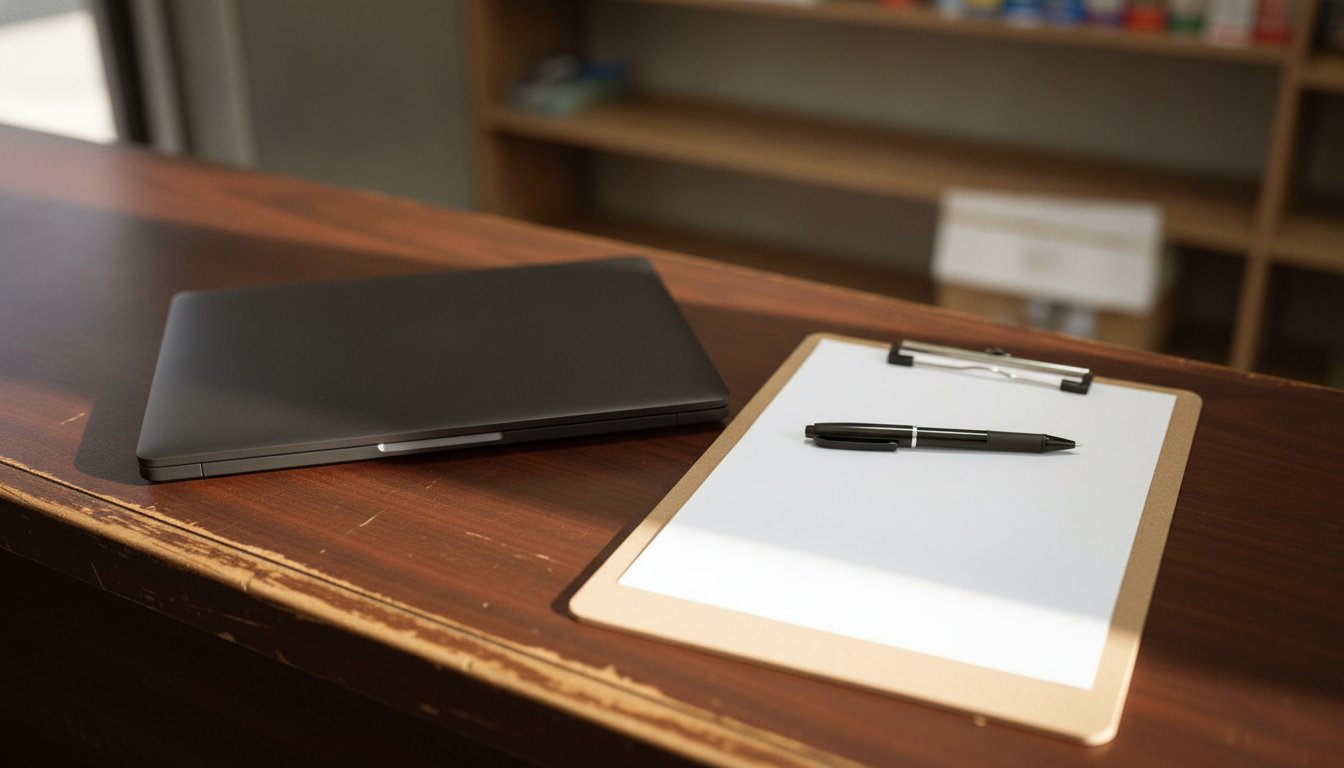 A laptop and a blank quote sheet on a shop counter before any repair charge is agreed
