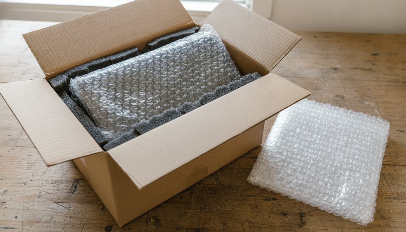 A laptop wrapped in bubble wrap and boxed for shipping to a repair depot, the step that turns a repair into a wait of days or weeks