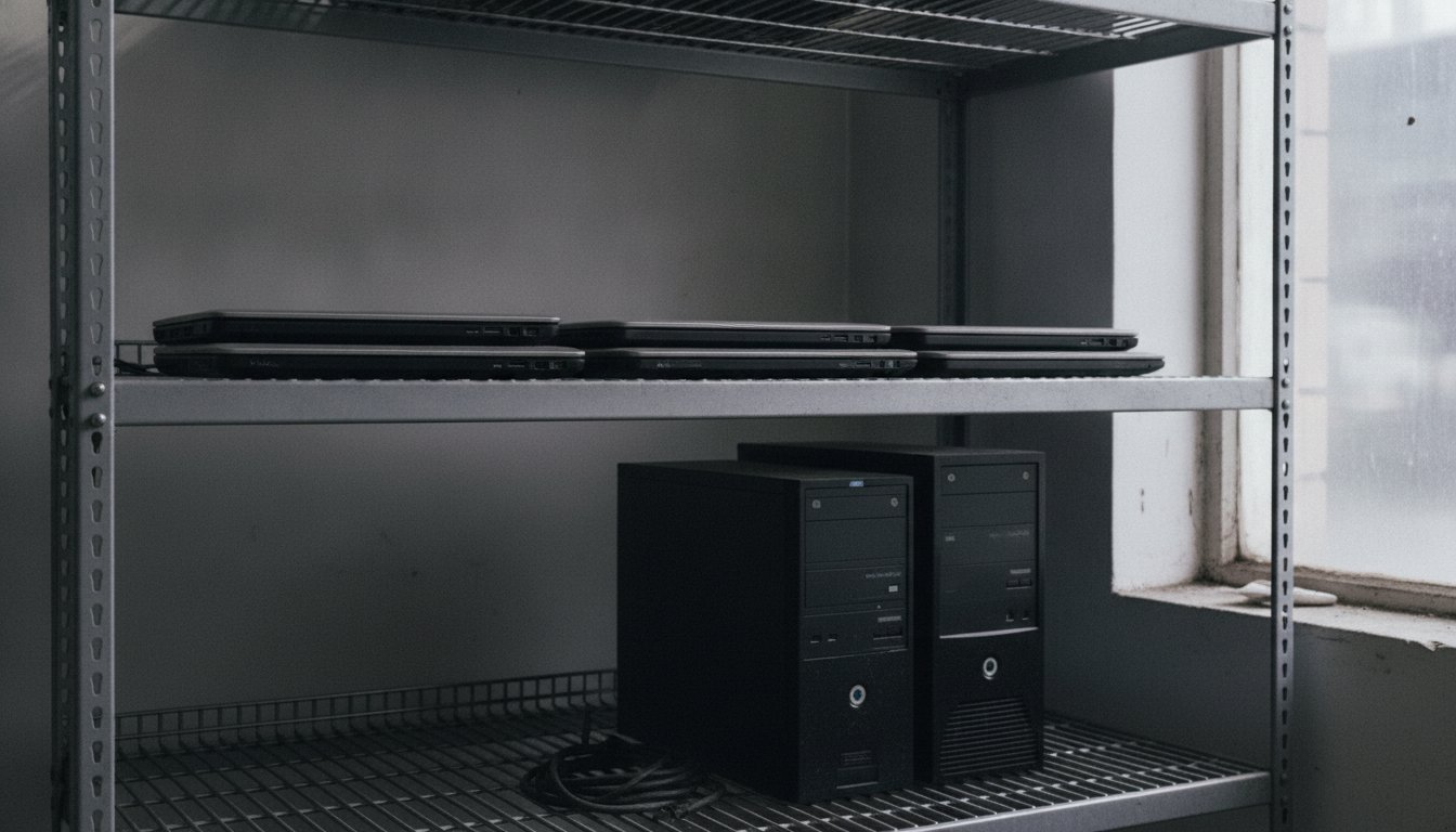 Closed laptops and desktop towers waiting on a service shelf, where chain and local shop turnaround really differ