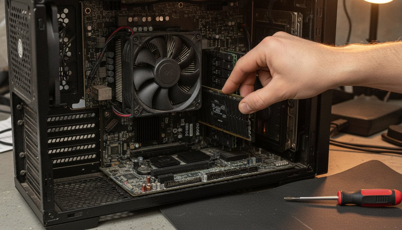 A technician fitting memory into an open desktop computer on a local shop workbench instead of shipping it to a depot
