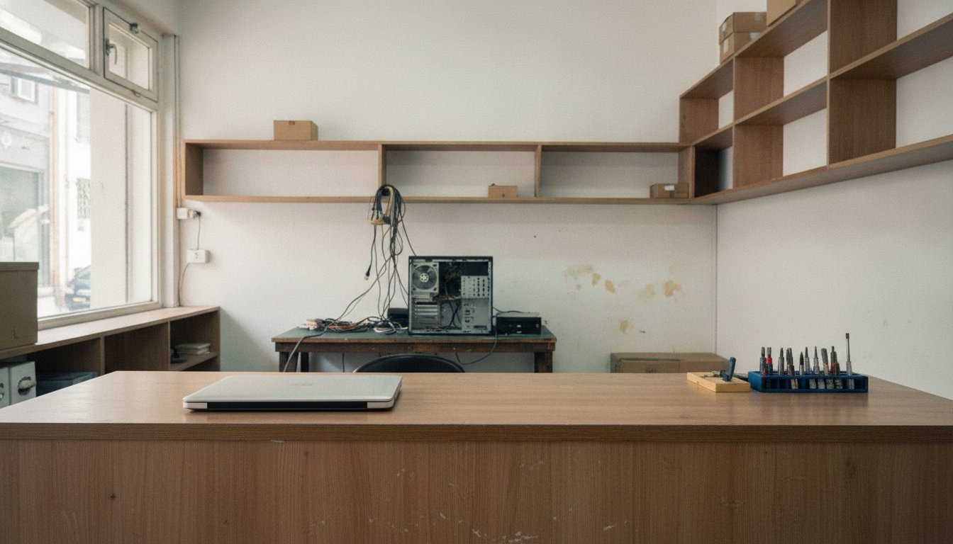 A small-town computer repair shop counter with a laptop waiting and a workbench behind, the local alternative to a big-box service desk
