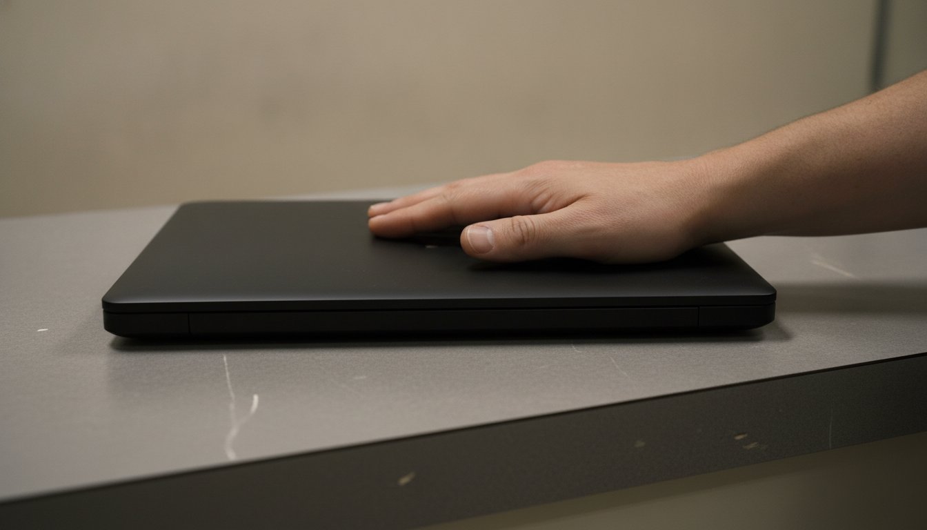 A closed laptop handed across a store service counter for a computer repair estimate