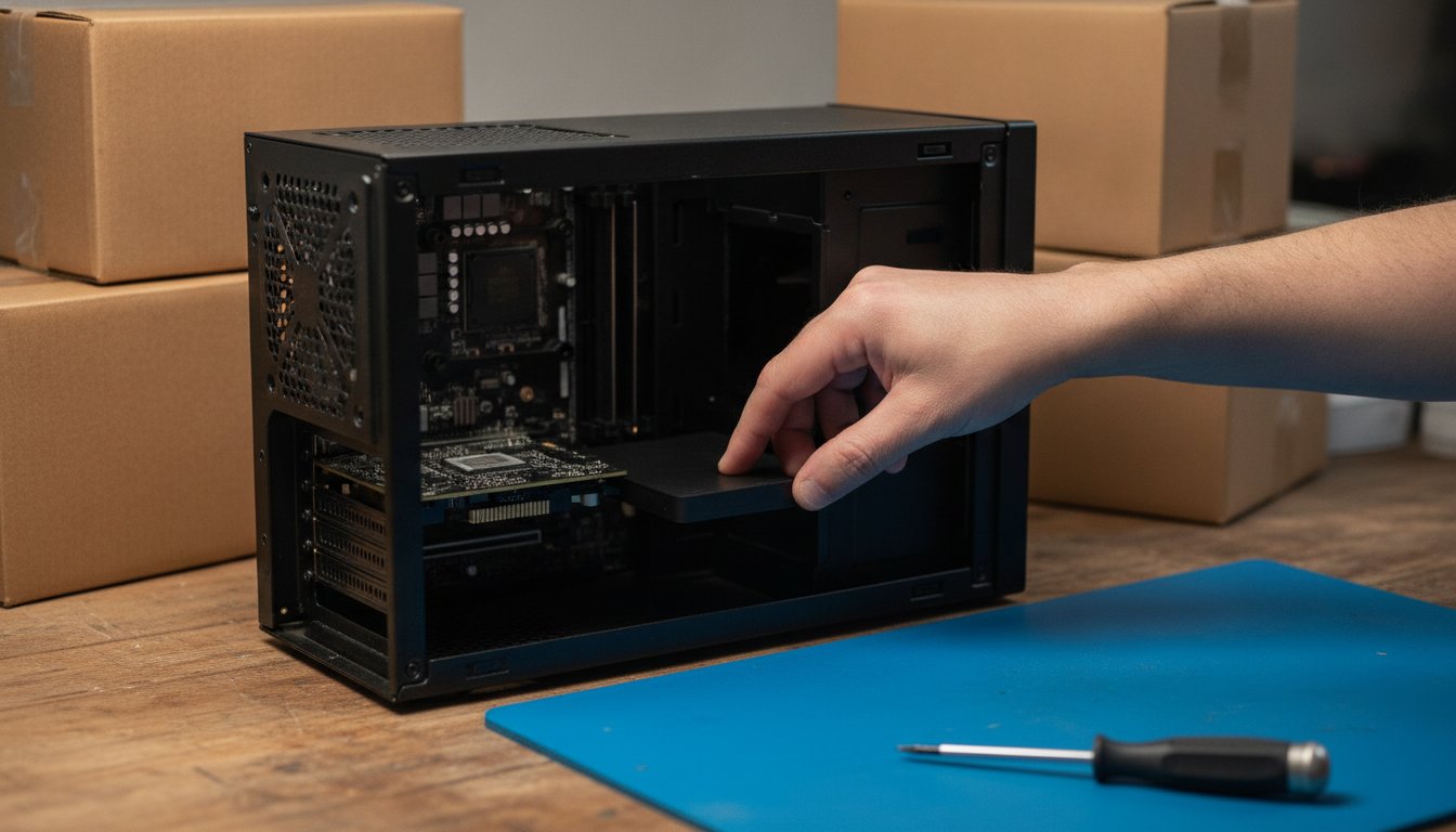 A bench technician seating a graphics card in a customer's parts, the flat labor middle path between building and buying