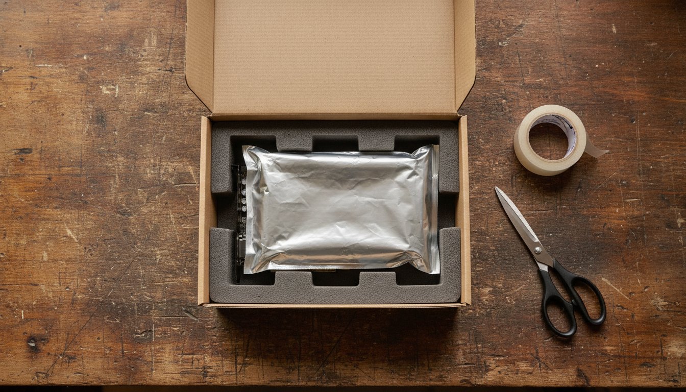 A graphics card bagged and boxed for a warranty return, the coverage difference between a prebuilt and a self built PC