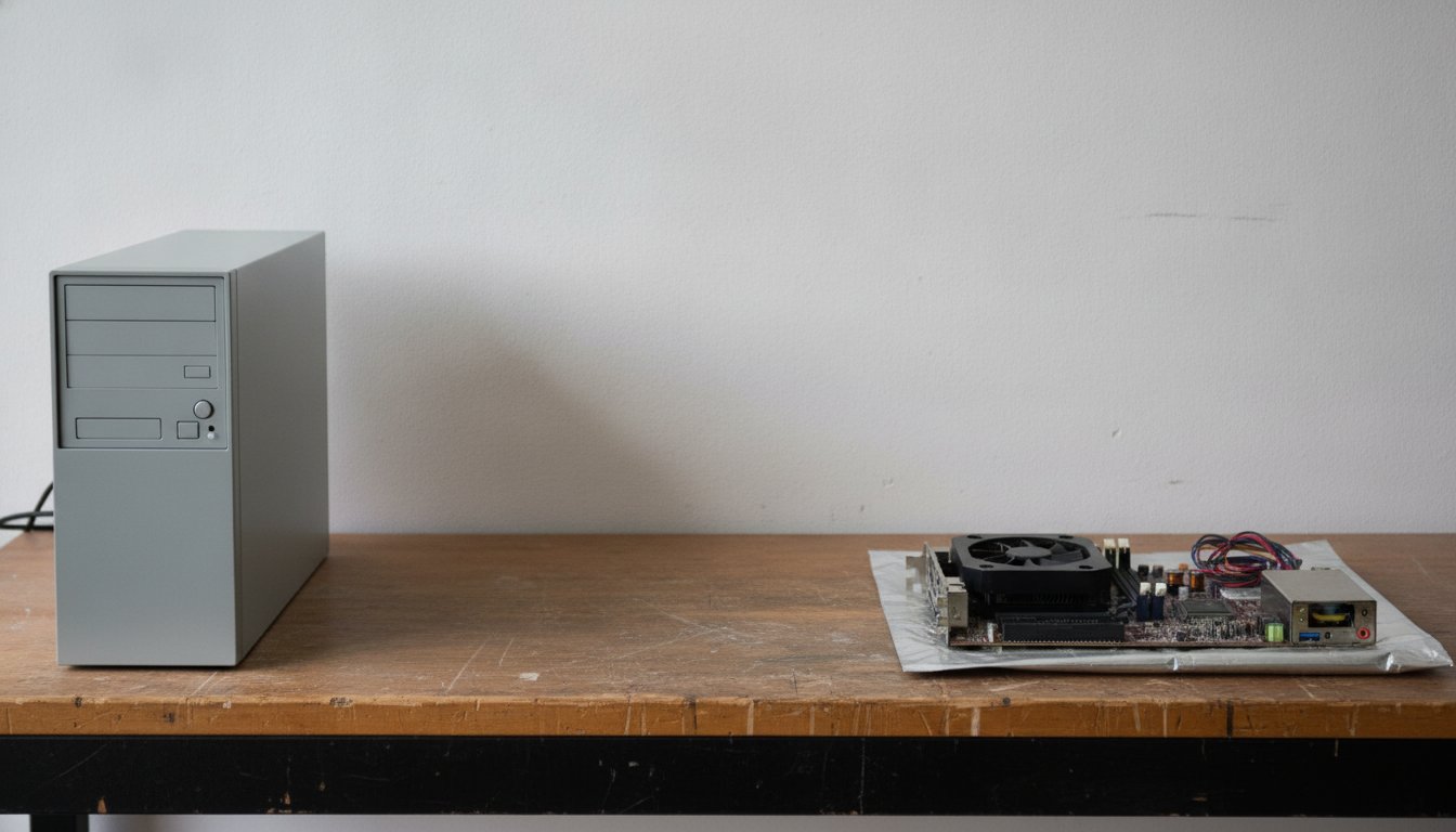 A prebuilt desktop tower and a spread of loose PC parts side by side on a workbench