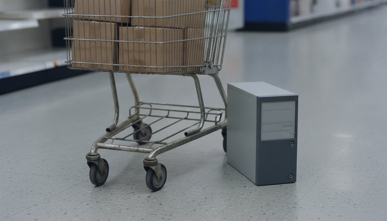 A cart of boxed parts beside a prebuilt desktop tower in a store, the build or buy choice shoppers face in 2026