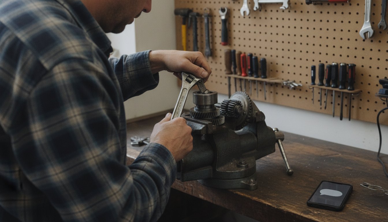 Repair shop owner with both hands on a wrench, a phone lit with an incoming message just out of reach, the missed-call problem a receptionist solves