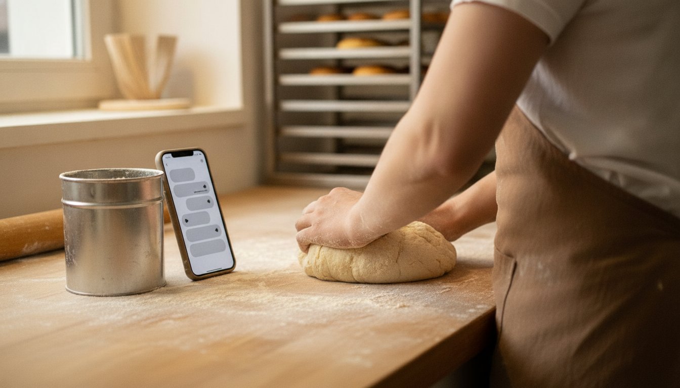 Baker kneading dough beside a phone showing a live chat transcript, how an AI receptionist listens and responds mid-call