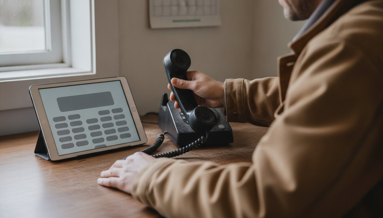 Farm office desk where the owner picks up a corded phone personally while a tablet shows the call log, trusting AI with routine calls only