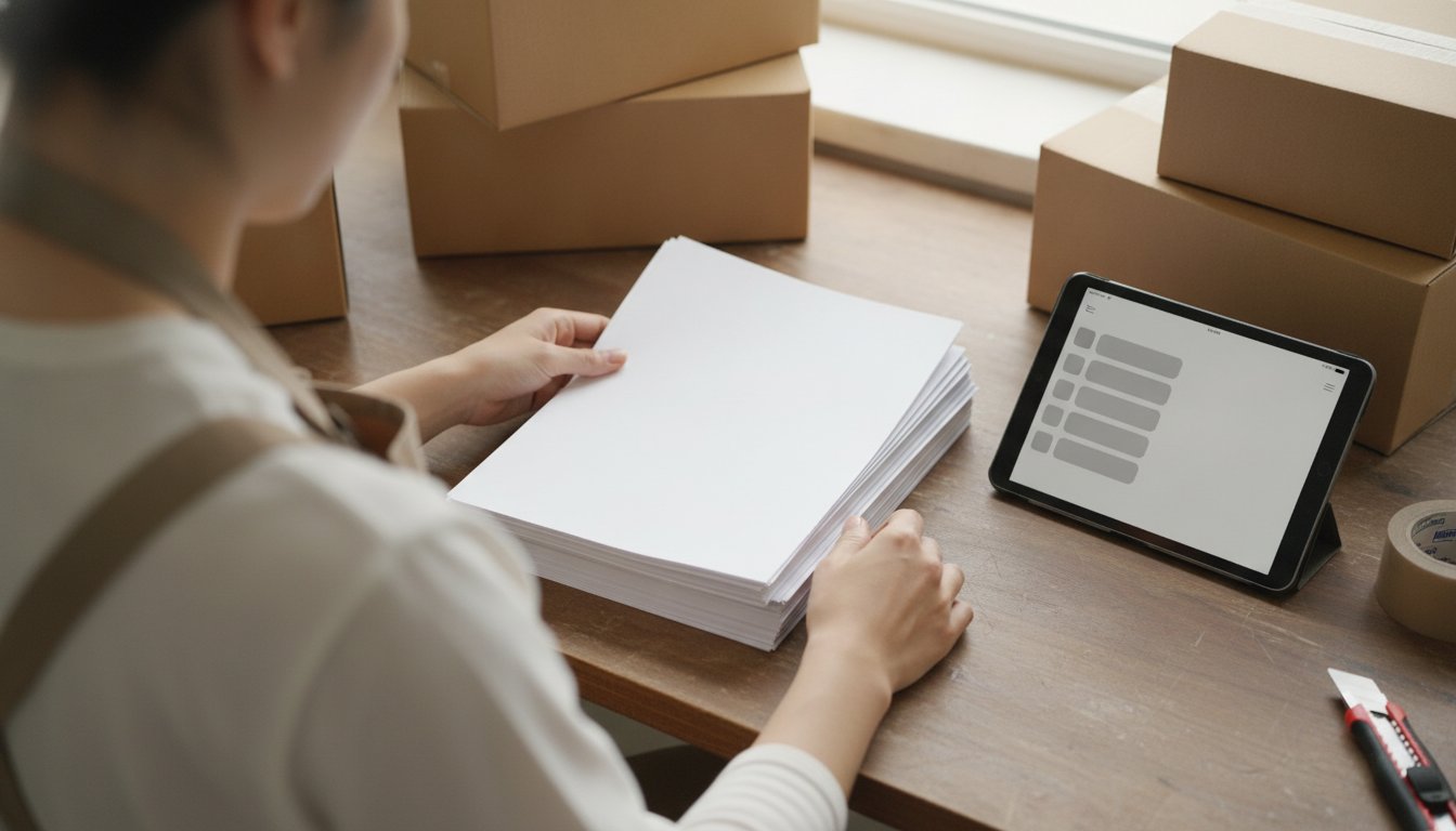 Packing bench where the owner reviews stacked call transcripts against a tablet's call log, testing an AI receptionist before committing