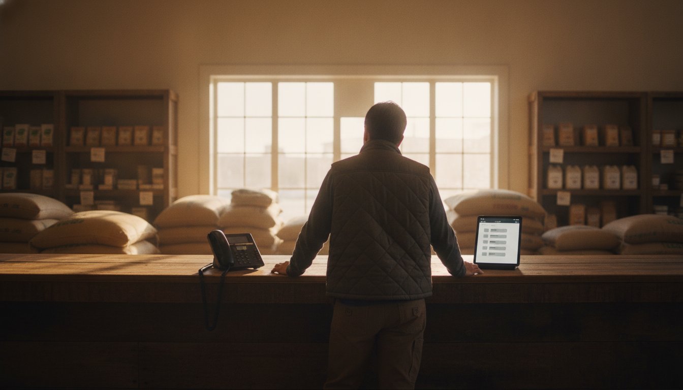 Feed store owner at his counter with a corded desk phone and a tablet showing a call log, weighing whether AI can answer the shop's phone