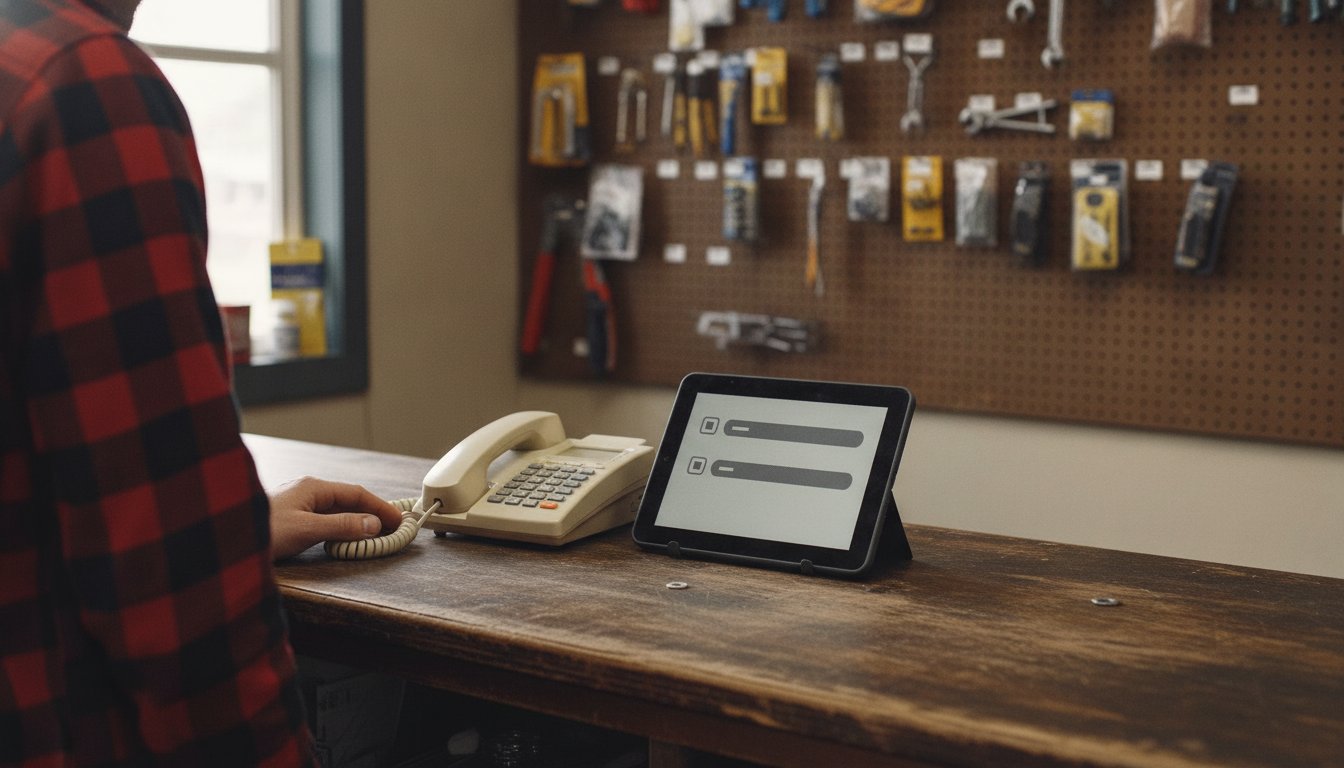 Hardware store counter with a corded phone and a tablet showing a short call log, sizing an AI phone plan to low call volume