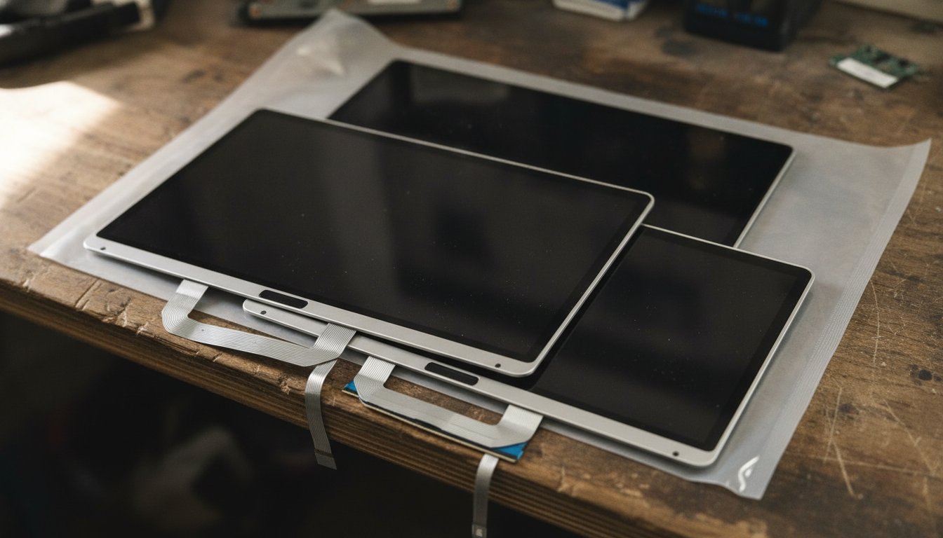 Bare replacement laptop display panels of different sizes on a repair bench, the part that drives screen repair cost