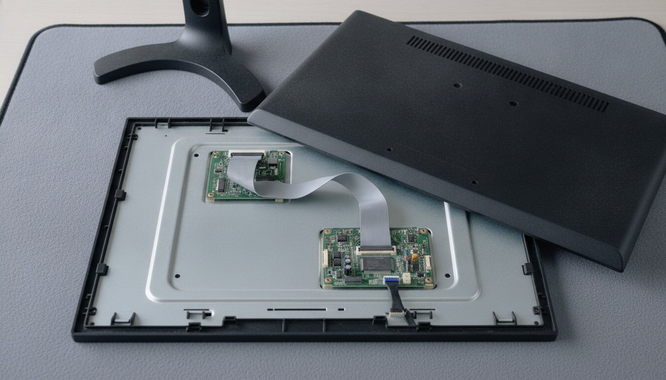 A desktop monitor face down with its back cover removed, exposing the chassis and driver board during a monitor screen repair