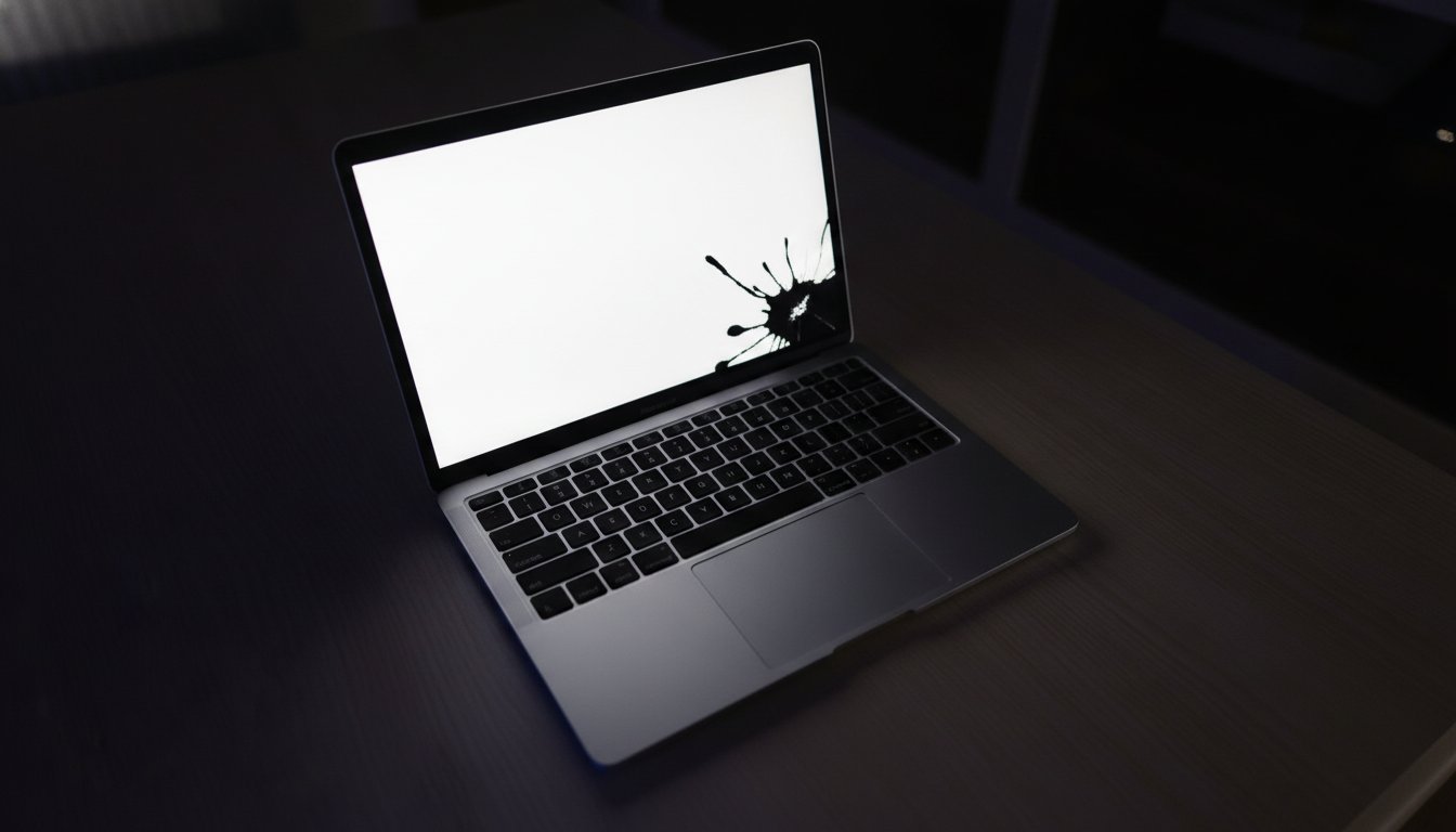 A laptop screen at full brightness in a dark room showing black ink-like blotches, the sign of display layer damage rather than cracked glass