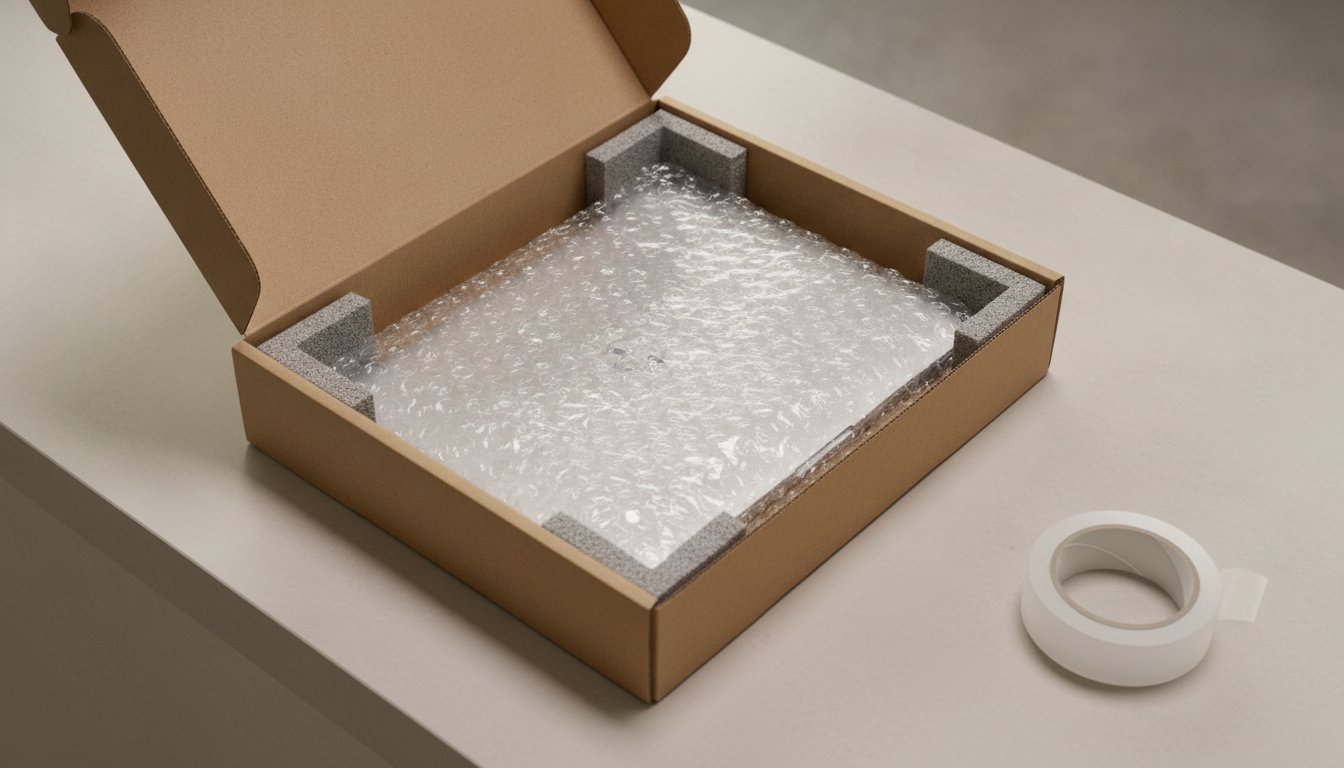 A laptop wrapped in bubble wrap and packed into a plain shipping box, the mail-in route that adds fees and transit days to a screen repair