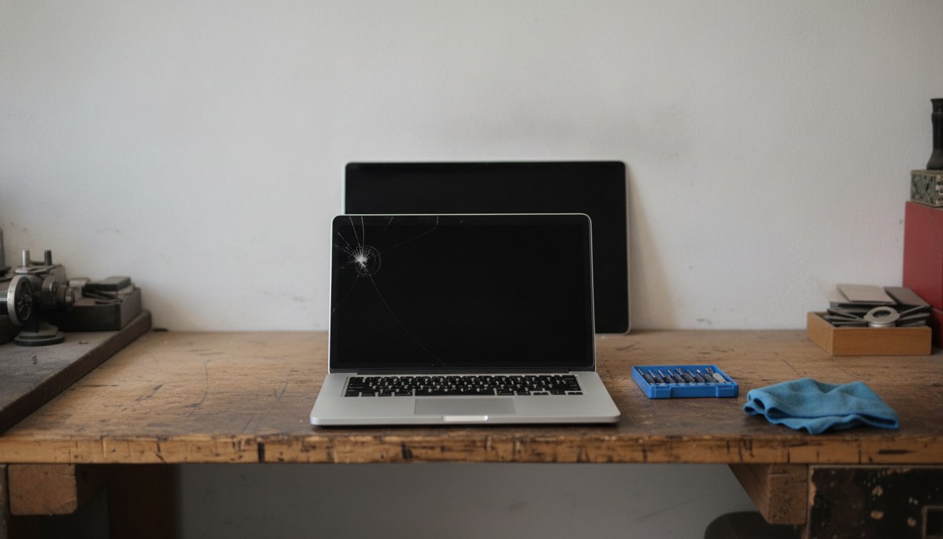 A laptop with a cracked screen open on a repair shop bench with a replacement display panel leaning behind it