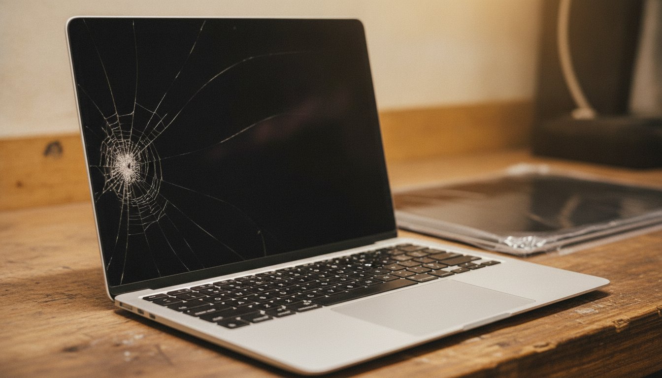 A spiderweb crack across a dark laptop screen on a repair bench, with a wrapped replacement panel waiting beside it