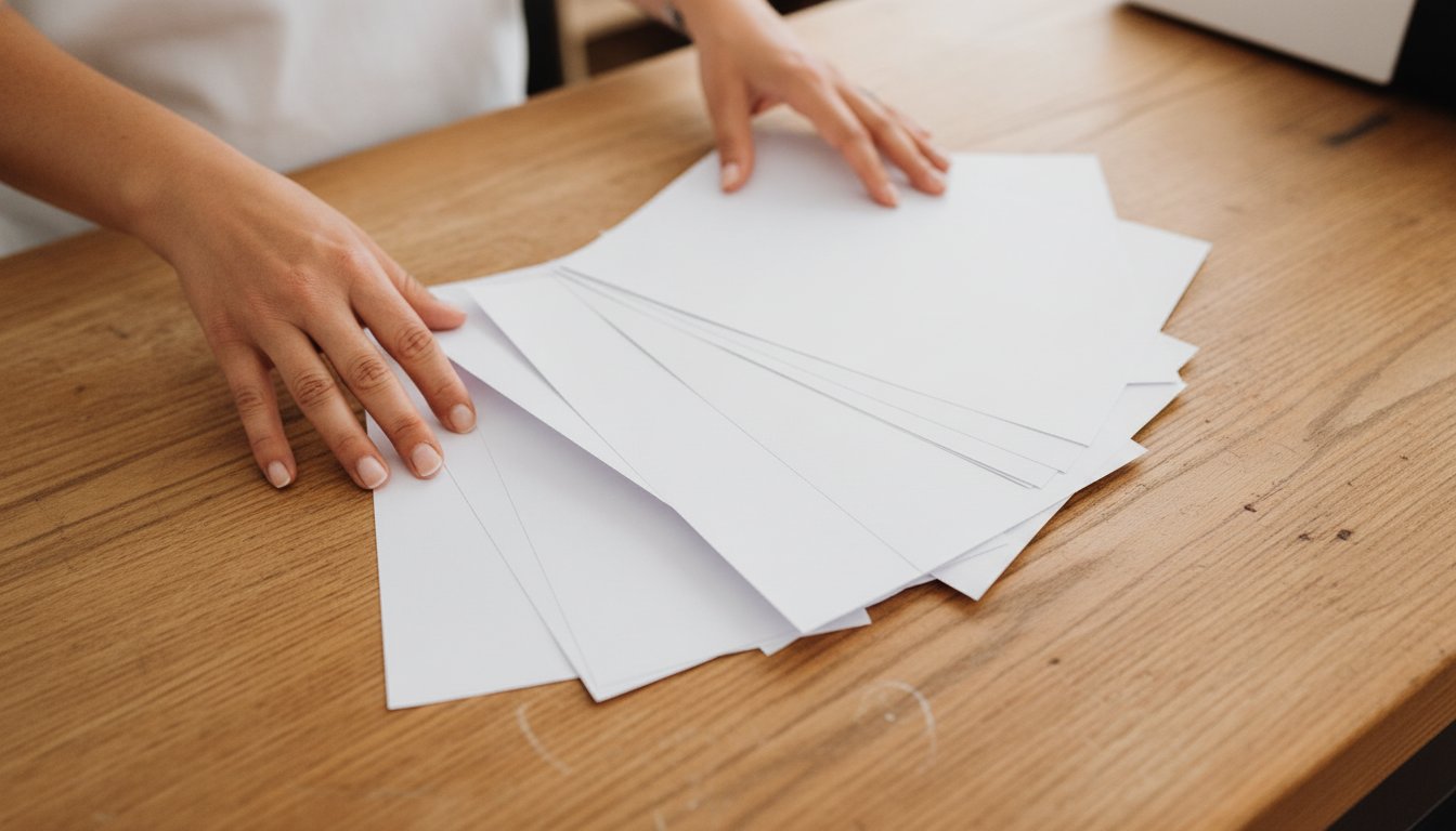 Hands spreading a wide fan of blank printed pages across a wooden counter, standing in for the many pages a content program can rank