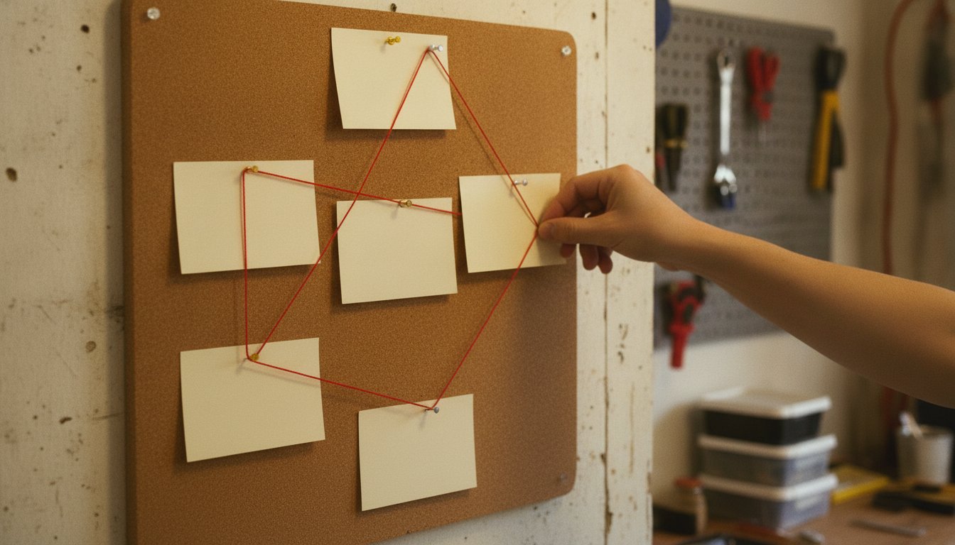A hand pinning a card to a corkboard web of red string, standing in for the backlinks that connect a page to other sites