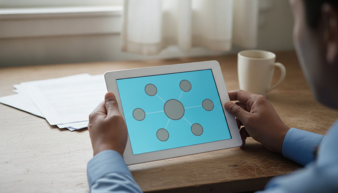 Hands holding a tablet showing a simple hub and spoke diagram, the pillar page and spoke pages of a topic cluster wired together
