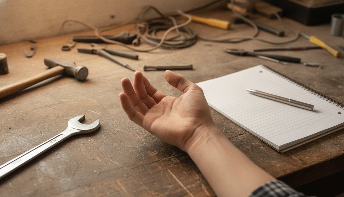 A hand hovering between a wrench and an open notebook on a workbench, the choice between fixing technical problems first or investing in content first