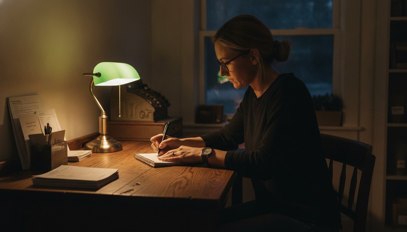 A business owner writing in a notebook by lamplight after closing hours, wristwatch visible