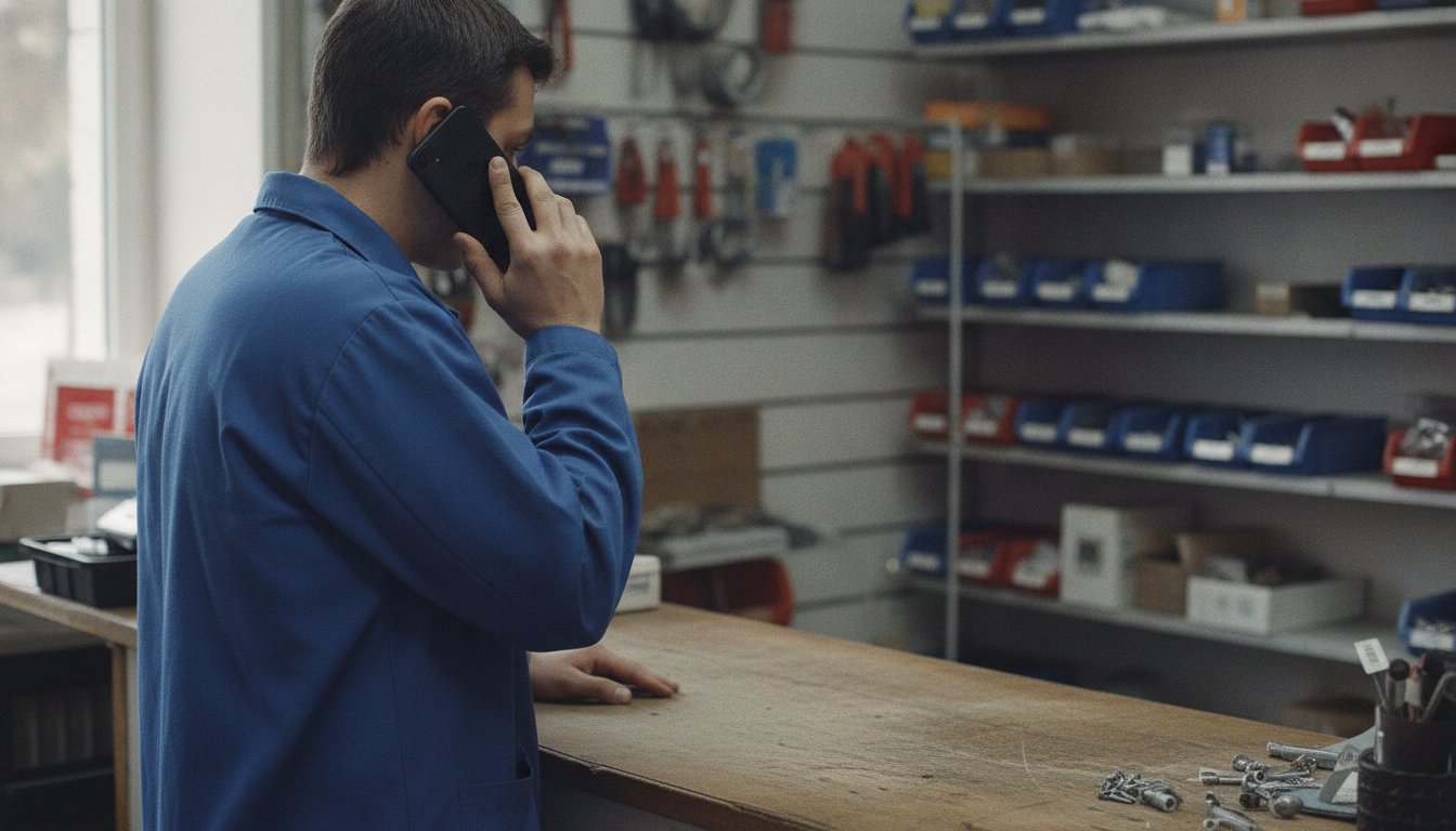 A shop owner on a phone call at the counter, representing direct outreach to a small known customer base instead of paid content