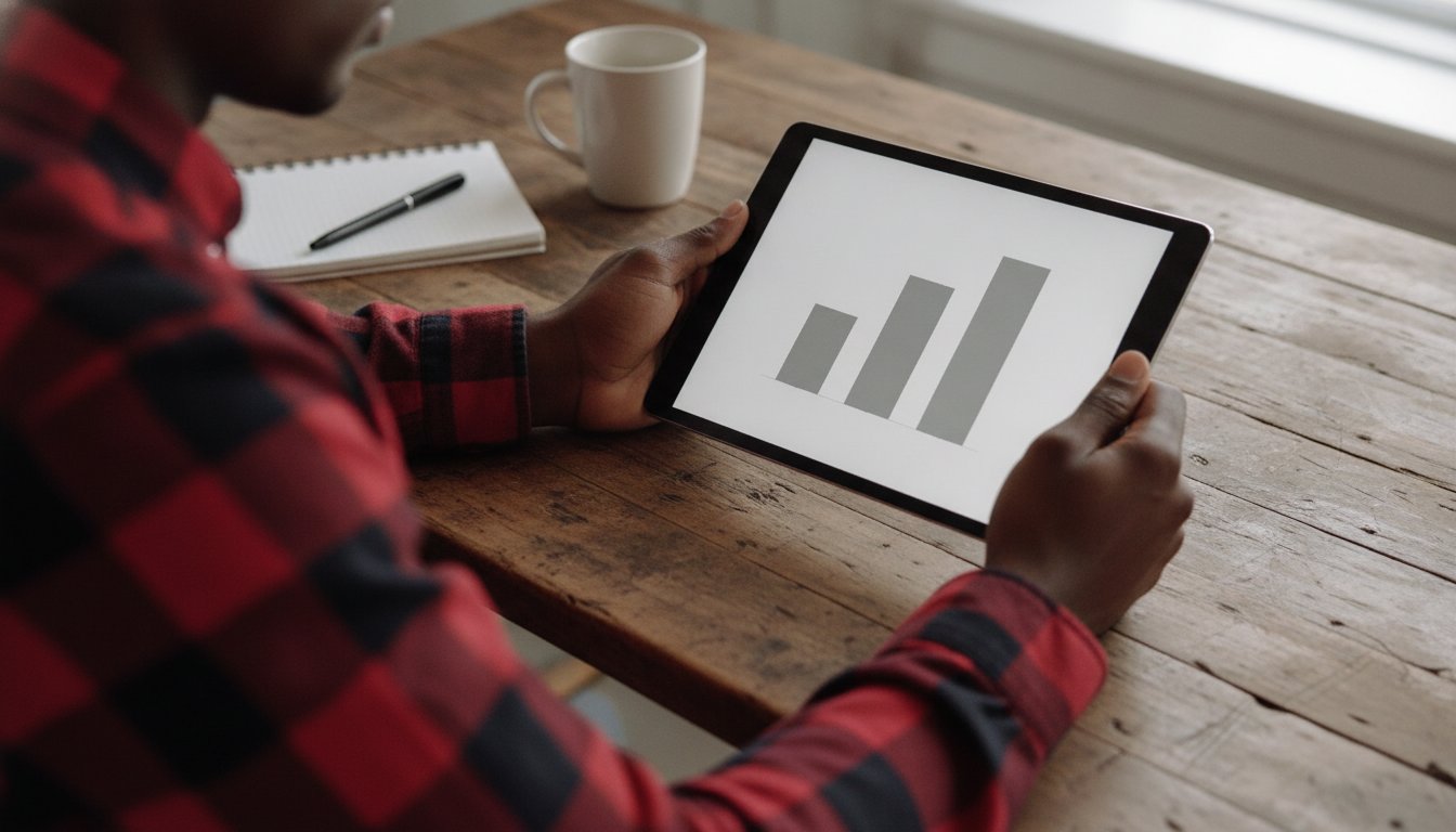 Hands holding a tablet showing three cost bars for the DIY, freelance, and agency lanes of content marketing, on a wood workbench