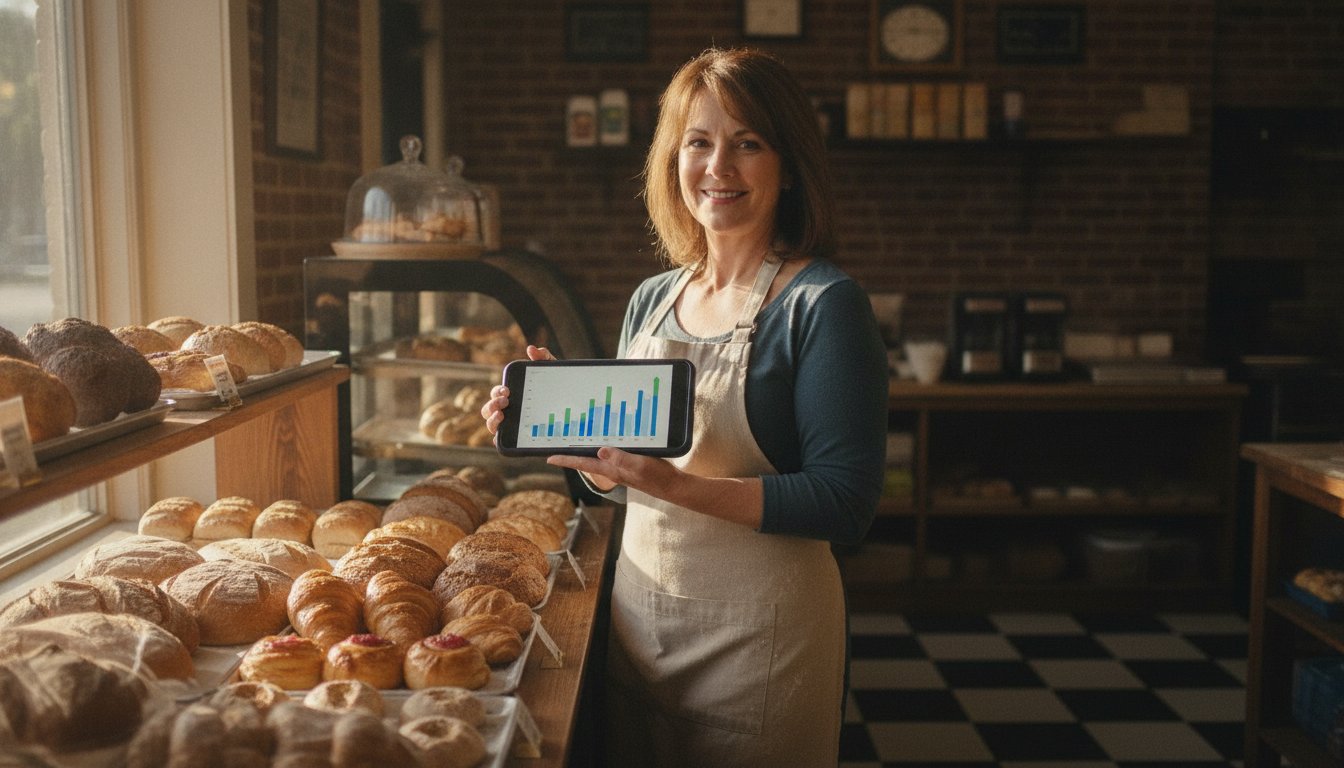A bakery owner in a flour-dusted apron holding a tablet showing a bar chart of growing results