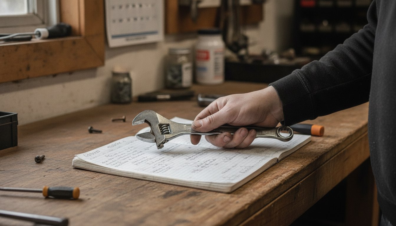 A worn, callused hand holding a wrench beside an open notebook of notes on a workshop bench