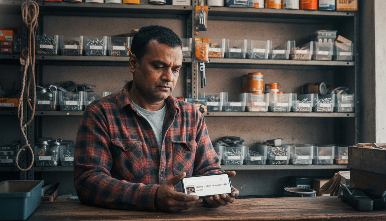 A hardware store owner in a flannel shirt holding a phone showing a simple post being composed