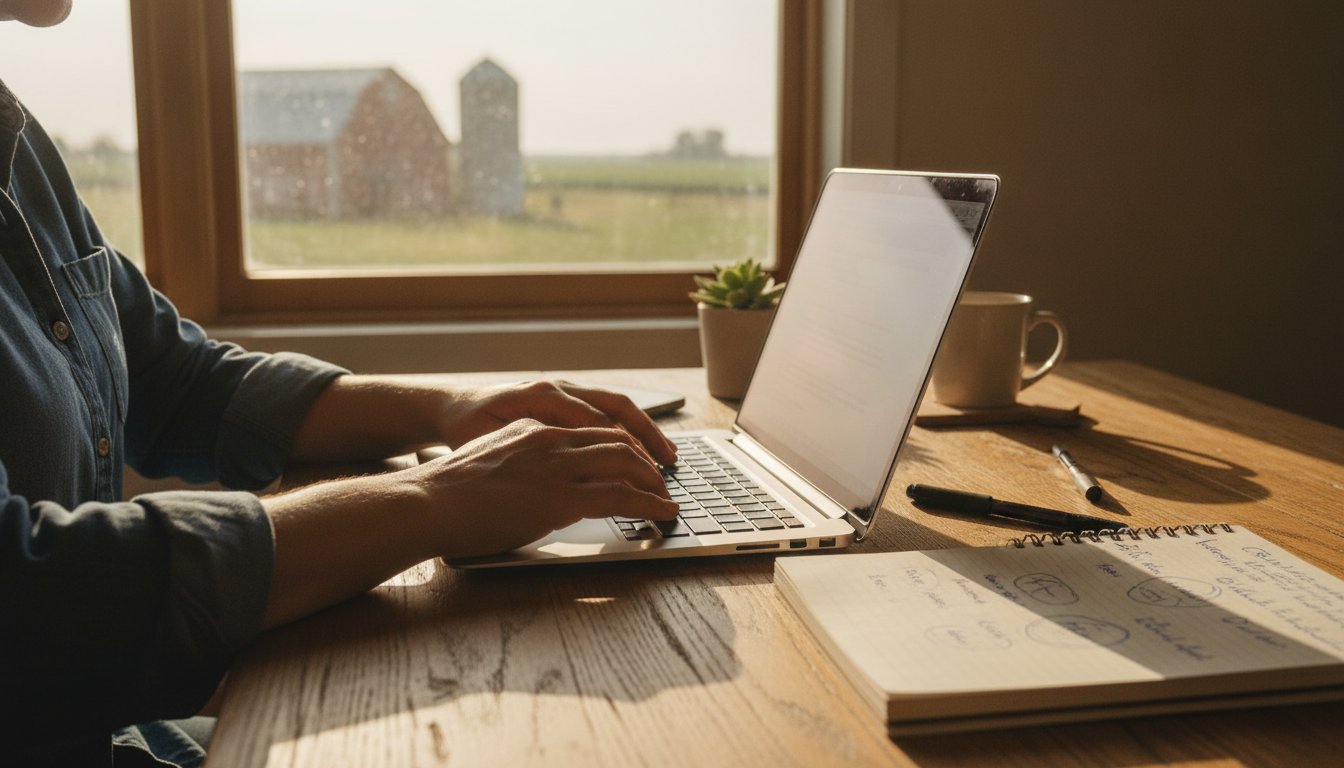 A small rural workshop building standing alone along a quiet Illinois crossroads, the kind of local business content marketing is built for