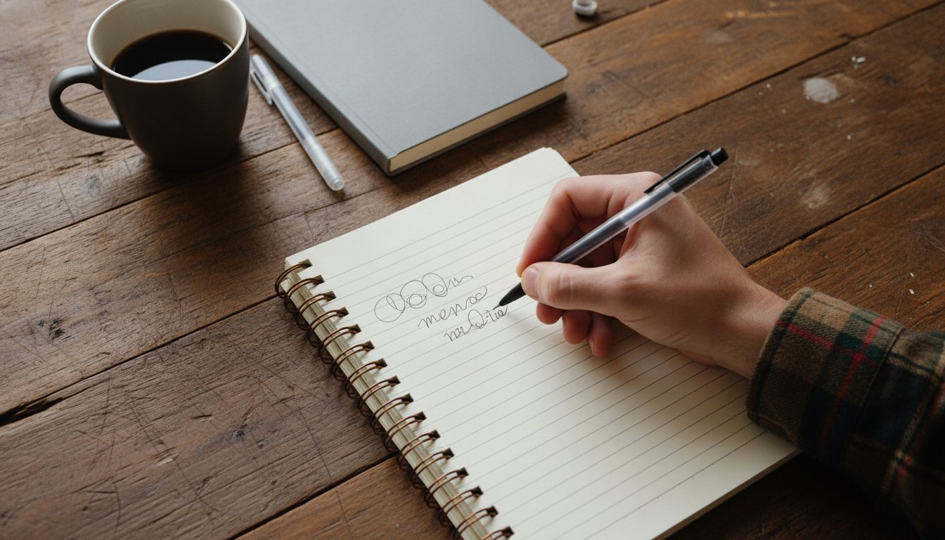 A business owner typing a blog draft on a laptop at a farm office desk, a notepad outline and coffee mug beside the keyboard