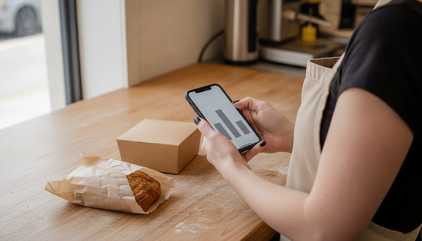 A baker checking a phone showing three fee bars beside a wrapped pastry and box, representing the mandatory fees on every Etsy sale