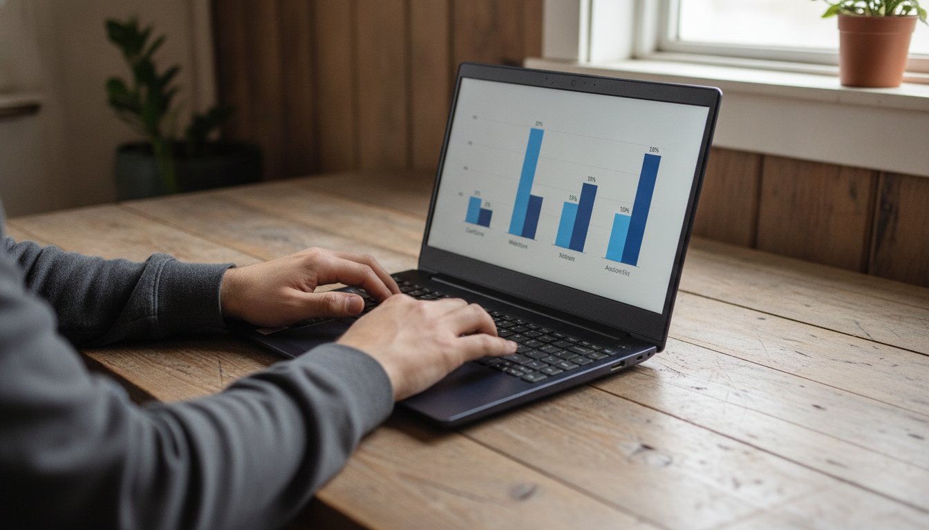 Hands typing on a laptop showing four platform cost bars at a farm office desk, comparing Etsy, Shopify, Amazon, and eBay fees