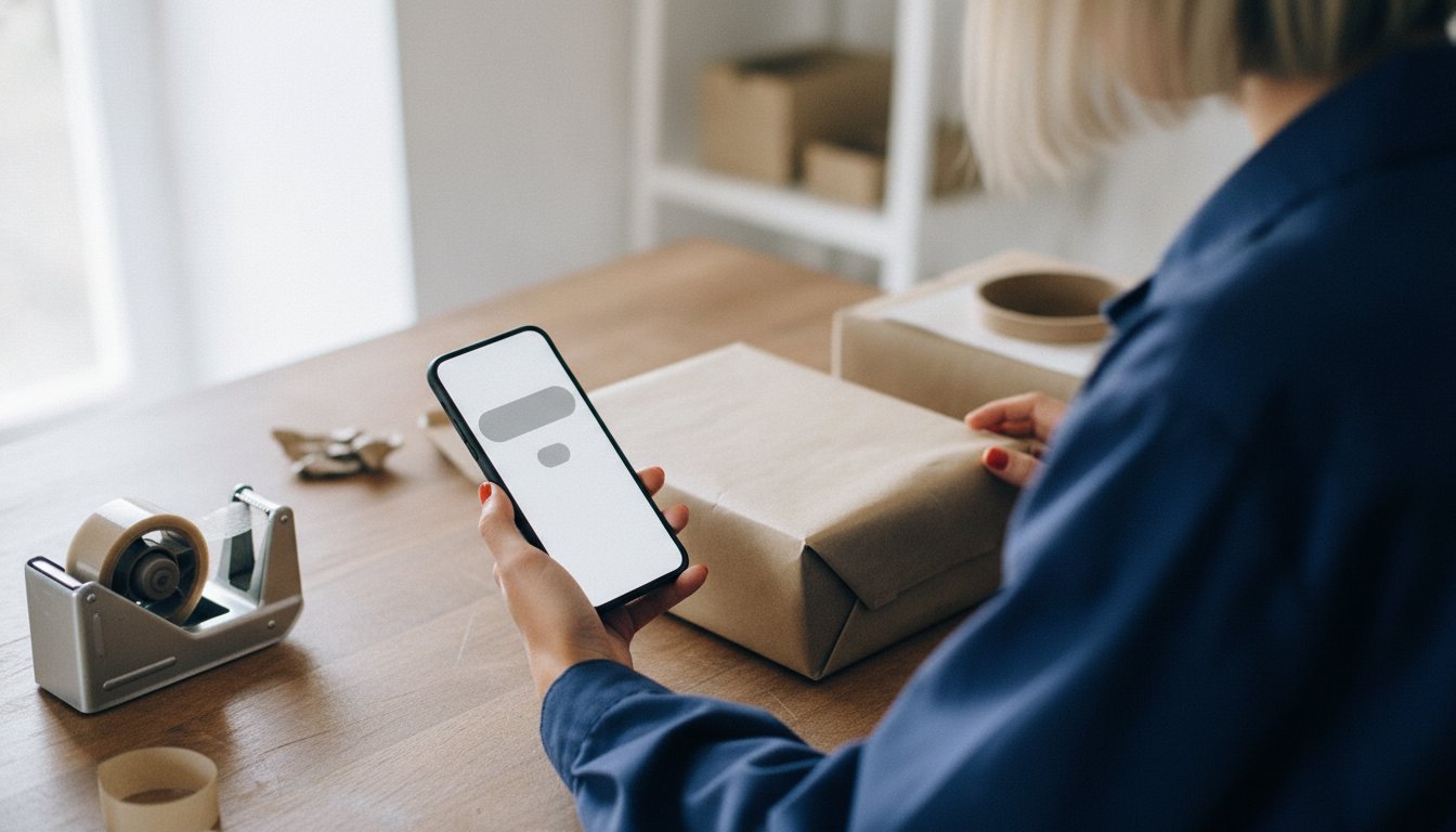 Hands wrapping a parcel while holding a phone showing a simple checkout screen, representing Etsy automatically collecting sales tax at checkout