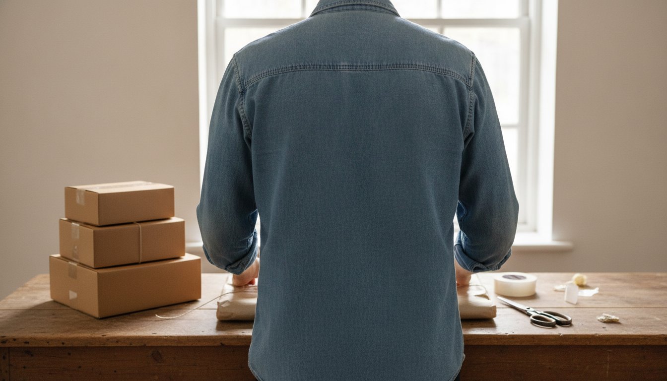 A seller wrapping a parcel at a home packing bench, stacked boxes and tape, the everyday cost of fulfilling Etsy orders