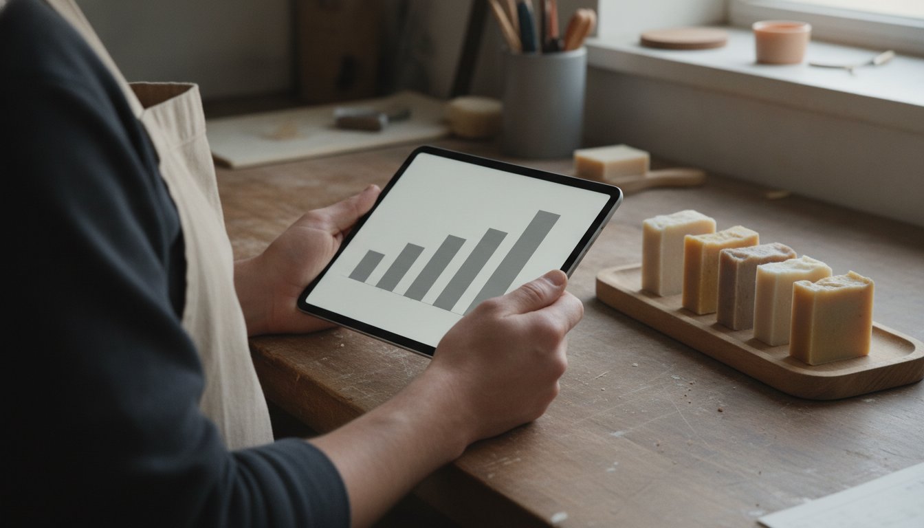 Hands holding a tablet showing four cost bars beside a tray of handmade soap bars, representing Etsy fee math at different price points
