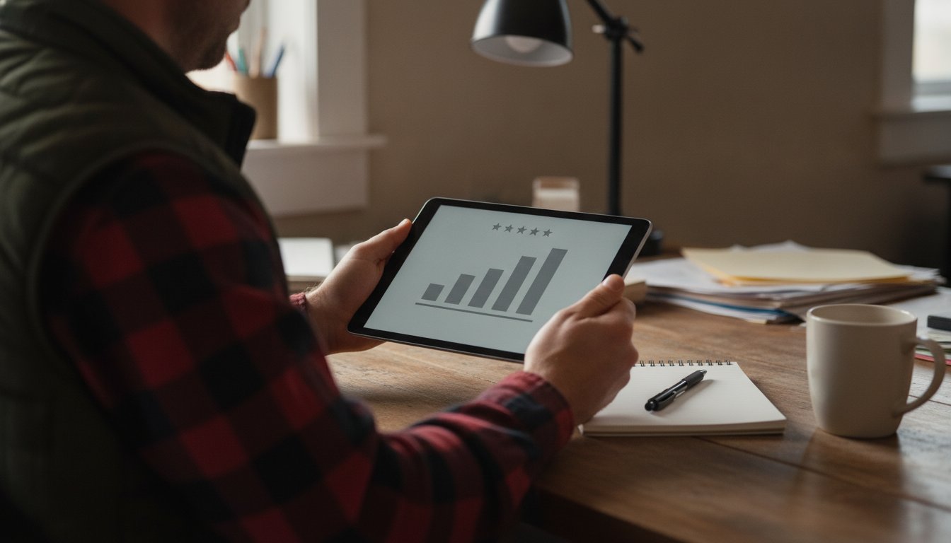 Hands holding a tablet showing a star rating above a bar chart stepping downward, the modest review-count gradient behind local ranking position
