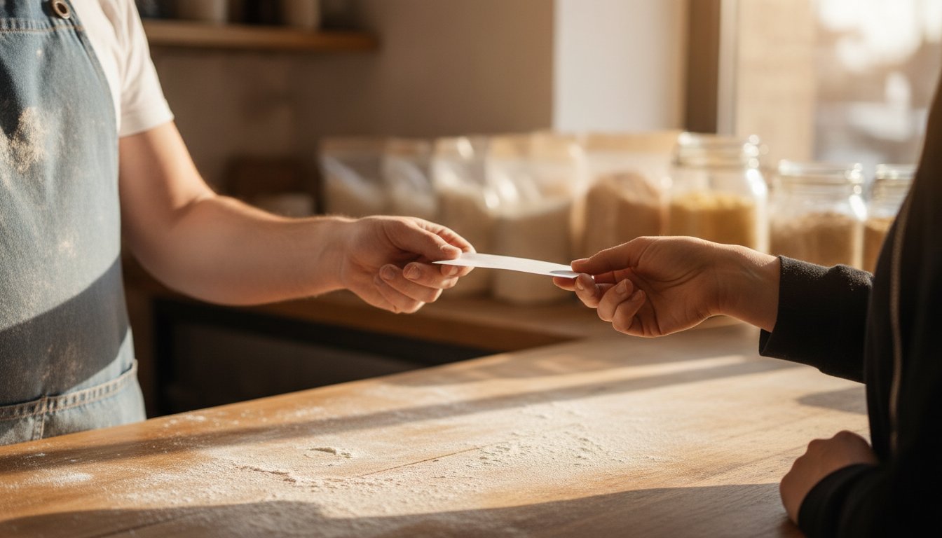A bakery owner handing a customer a small slip across the counter, the plain in-person moment behind the honest way to ask for a Google review